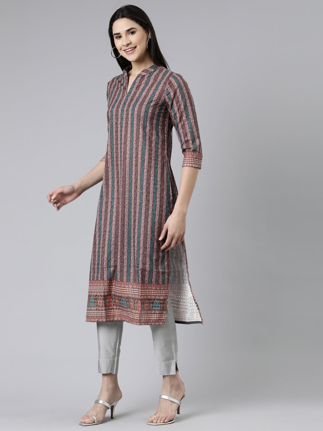 Neerus Brown Straight Embroidered Cotton Kurta