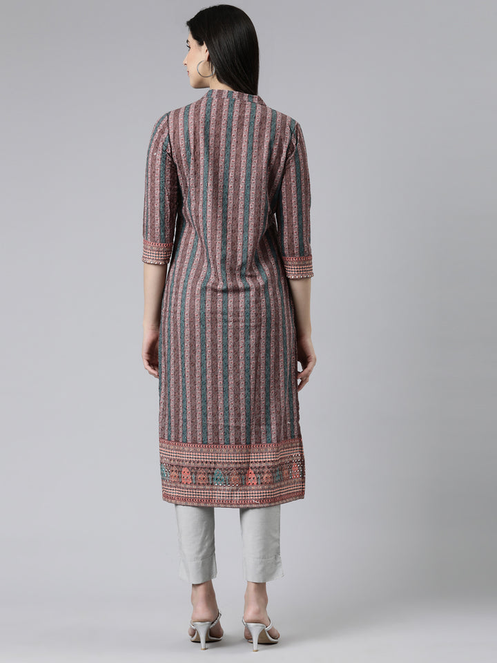 Neerus Brown Straight Embroidered Cotton Kurta