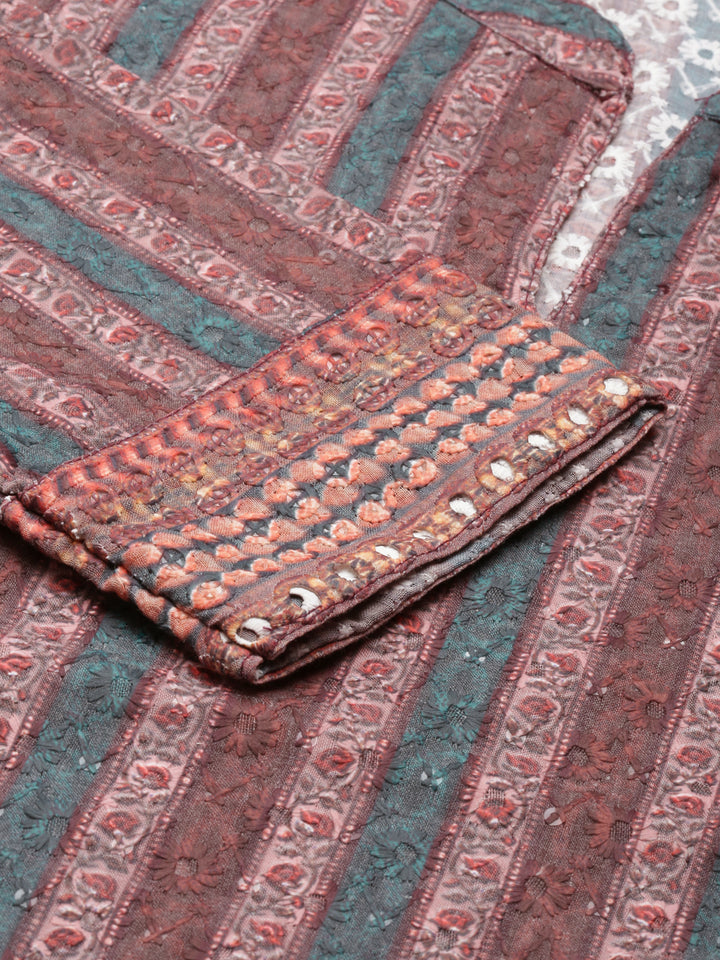 Neerus Brown Straight Embroidered Cotton Kurta