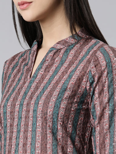 Neeru's Brown Straight Embroidered Cotton Kurtas