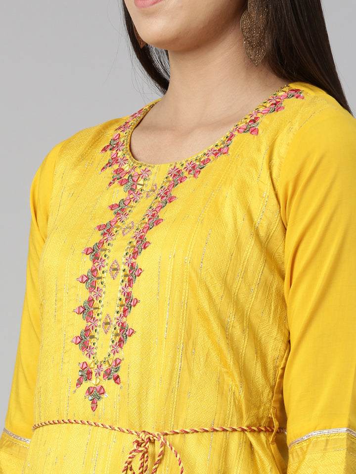 Neerus Mustard Anarkali Straight Cotton Wool Kurtas