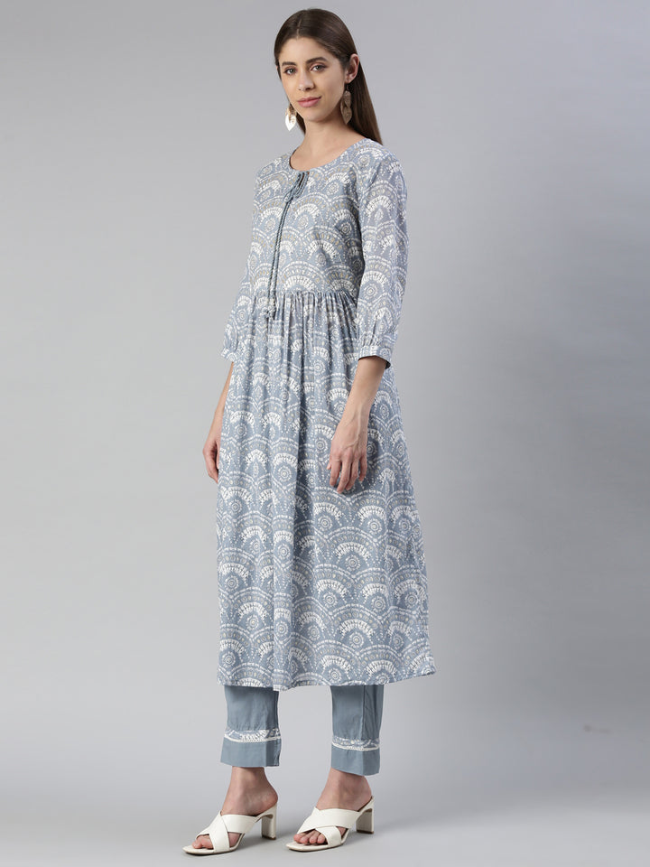 Neerus Blue cotton solid kurta set with trouser and dupatta - back view