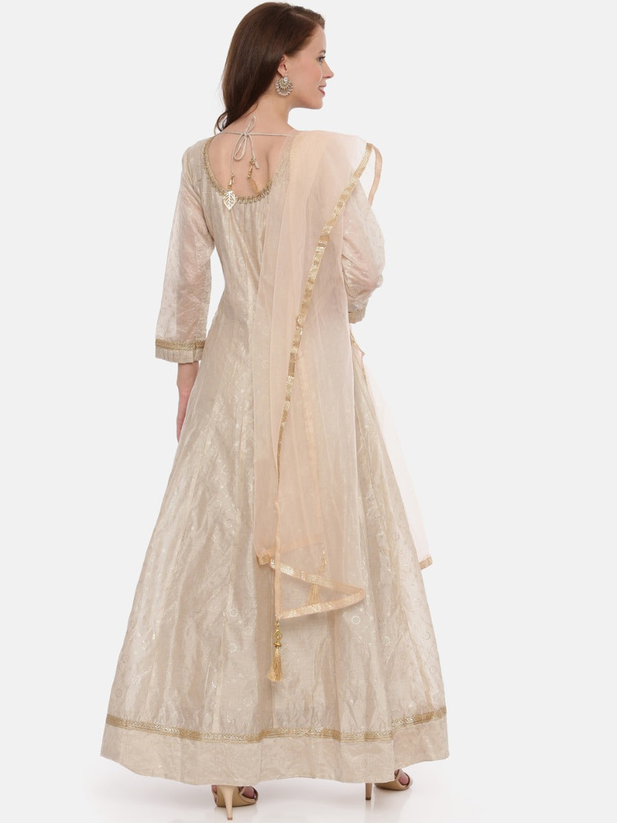 Neeru'S Beige Color, Chanderi Fabric Full Sleeves Suit-Anarkali