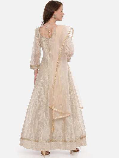 Neeru'S Beige Color, Chanderi Fabric Full Sleeves Suit-Anarkali