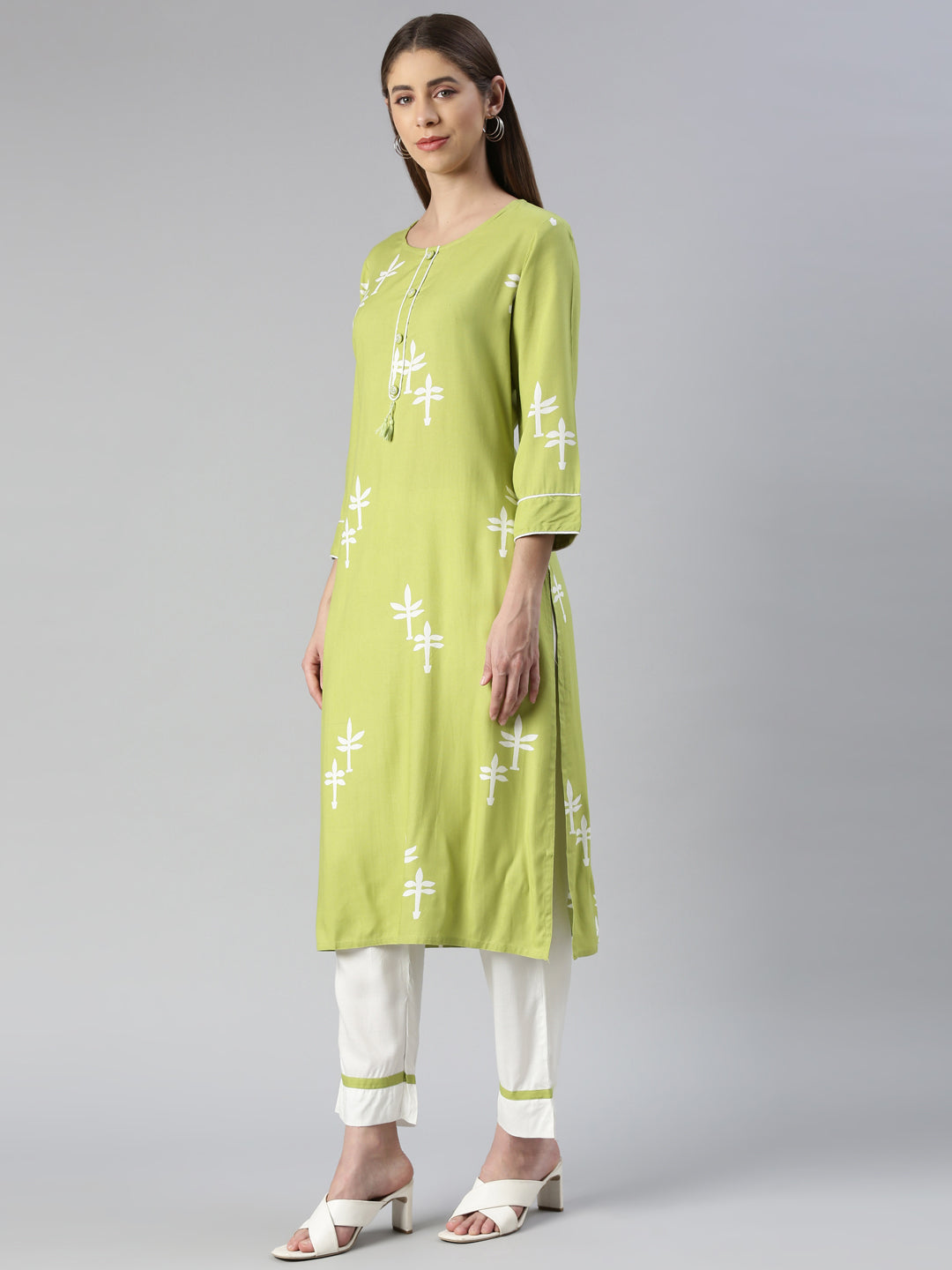 Neerus Women Green Printed Calf Length Kurta And Trousers