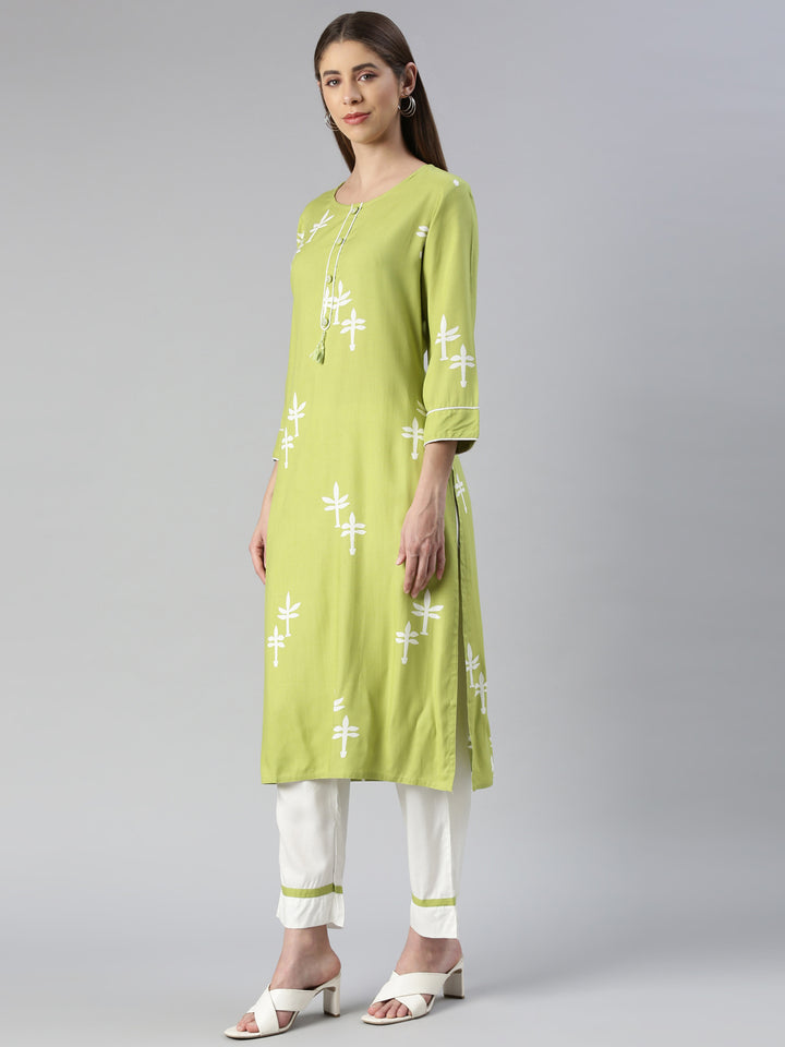 Neerus Women Green Printed Calf Length Kurta And Trousers