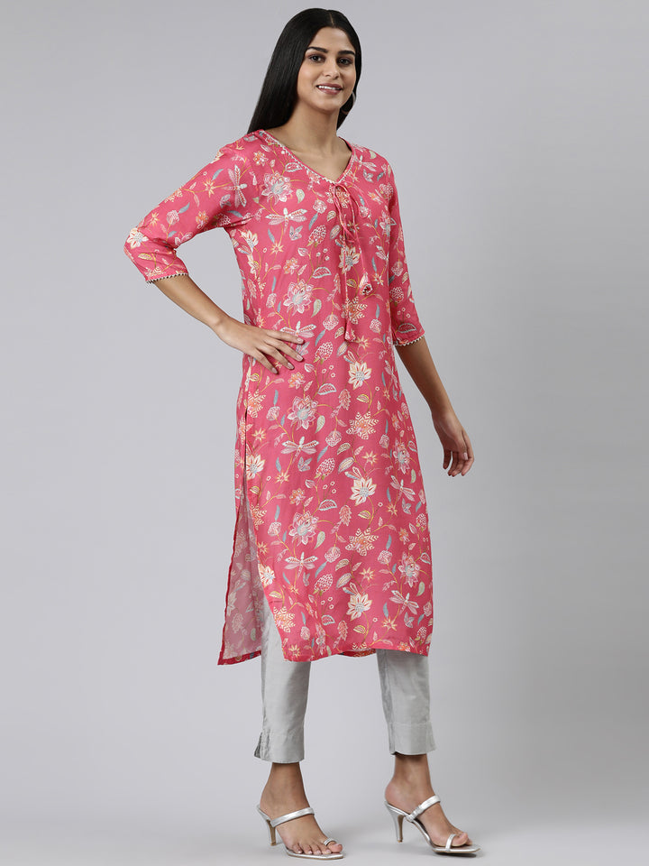 Neerus Maroon Straight Printed Cotton Kurta