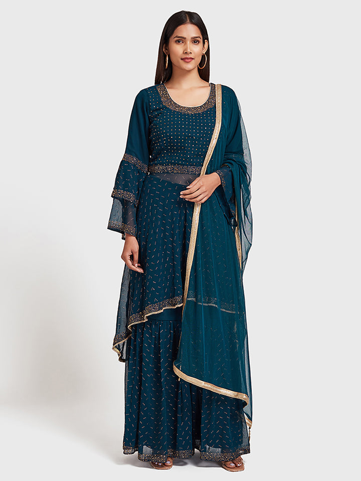 Neerus Peacock Color Georgette Fabric Suit-Gharara