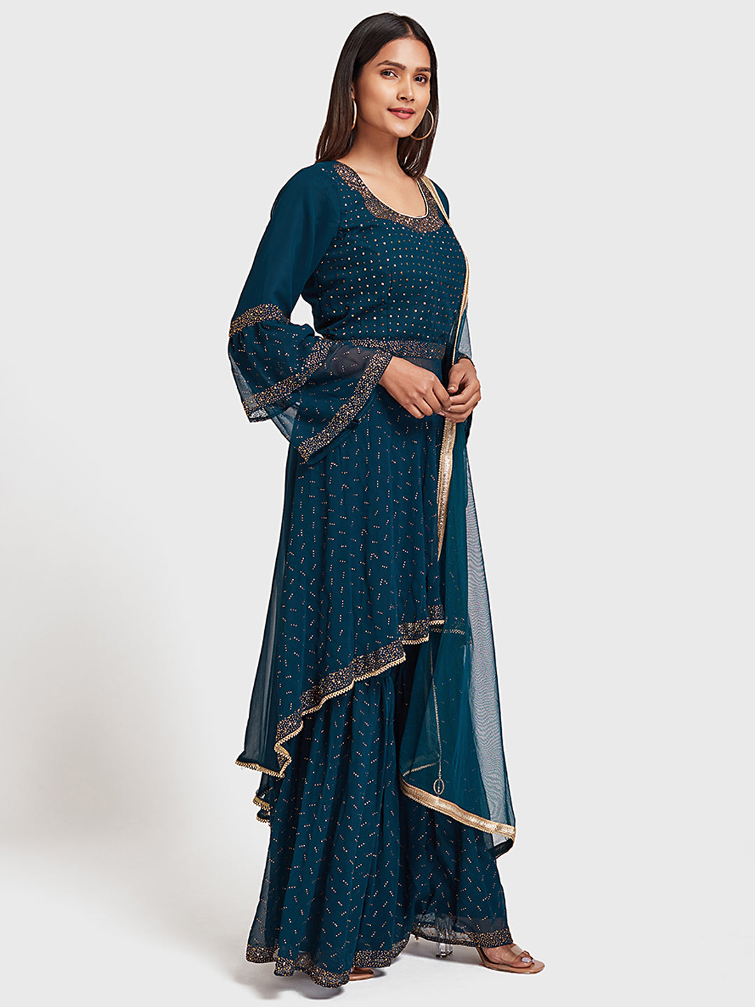 Neerus Peacock Color Georgette Fabric Suit-Gharara
