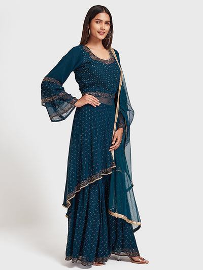 Neeru'S Peacock Color Georgette Fabric Suit-Gharara