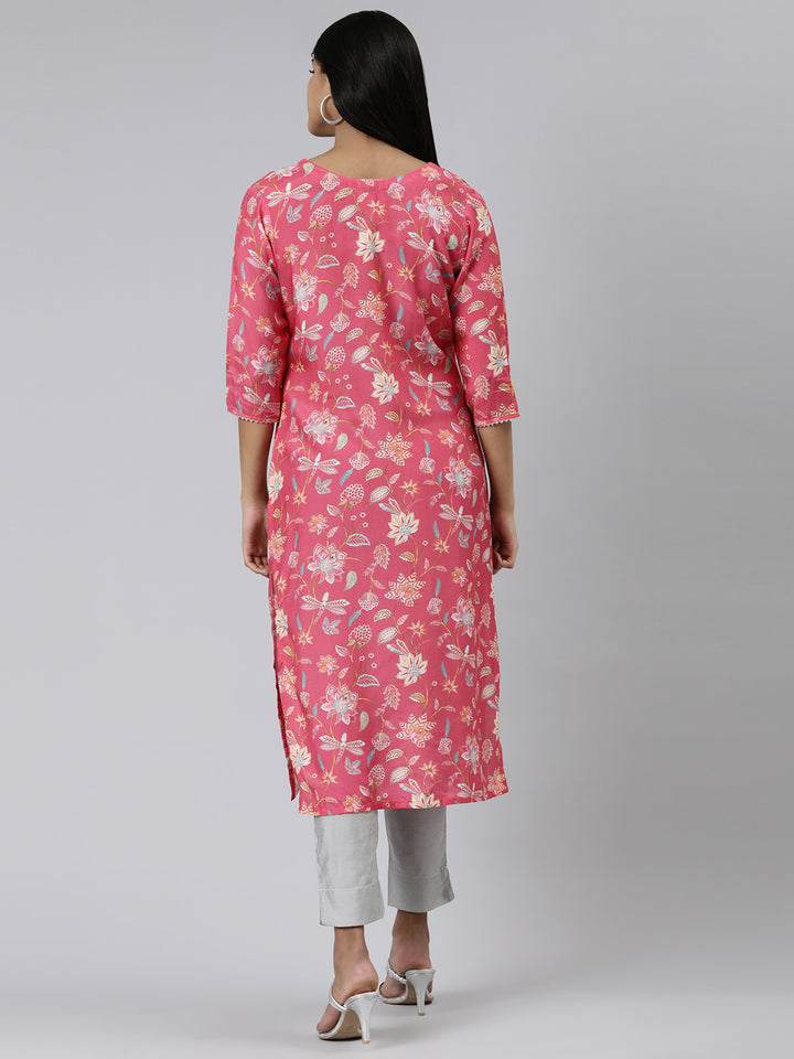 Neerus Maroon Straight Printed Cotton Kurta