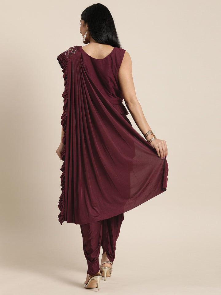 Neerus Maroon Solid Ready To Wear Saree With Blouse