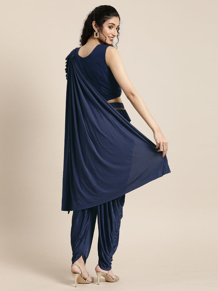 Neerus Navy Solid Ready To Wear Saree With Blouse