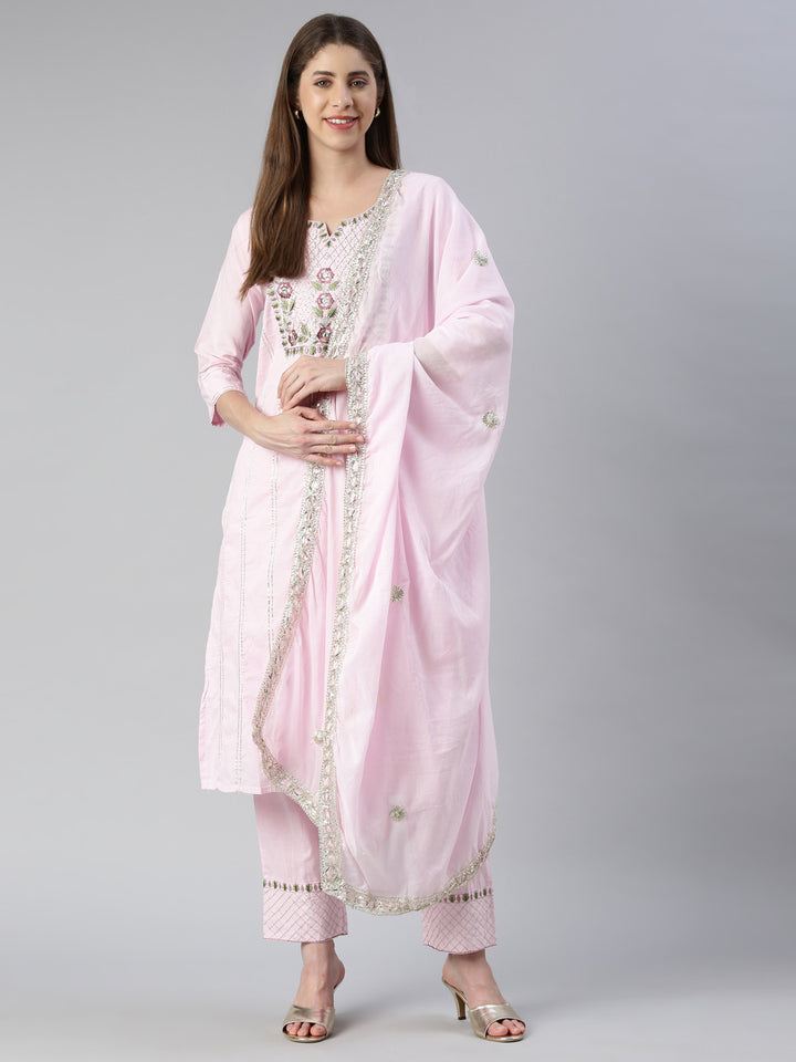 Neerus Pink embroidered kurta set with trouser and dupatta - front view