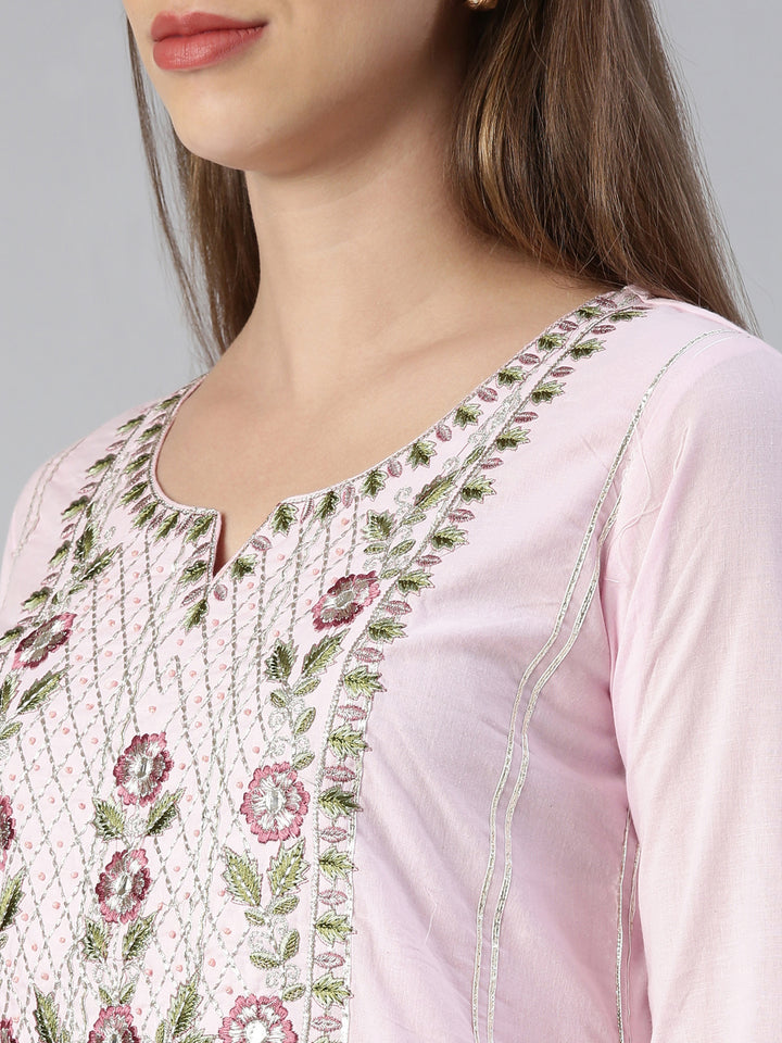 Neerus Pink embroidered kurta set with trouser and dupatta - detail view 1