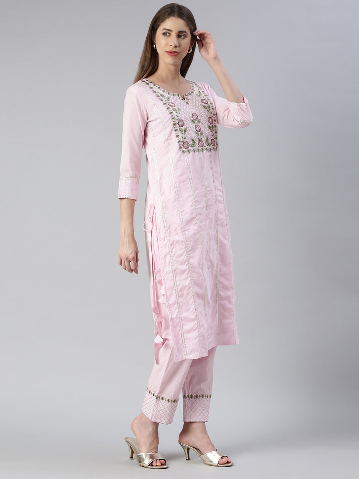 Neerus Pink embroidered kurta set with trouser and dupatta - back view
