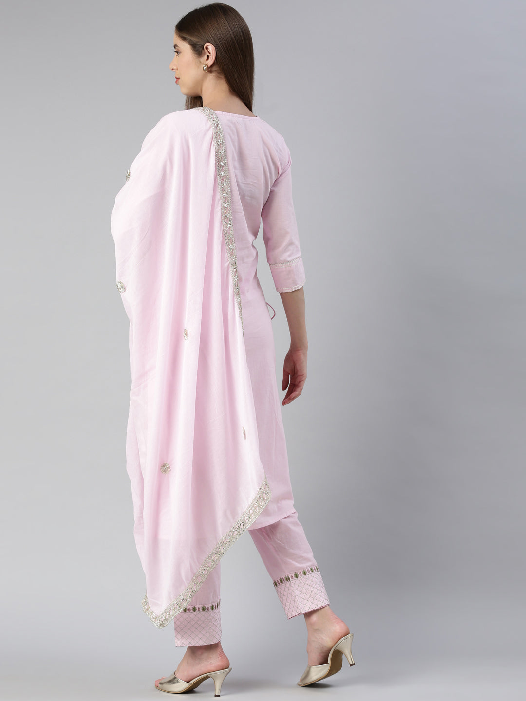 Neerus Pink embroidered kurta set with trouser and dupatta - side view