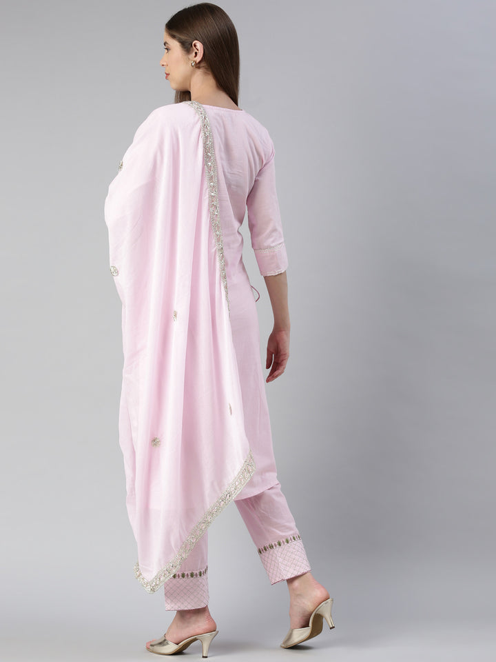 Neerus Pink embroidered kurta set with trouser and dupatta - side view