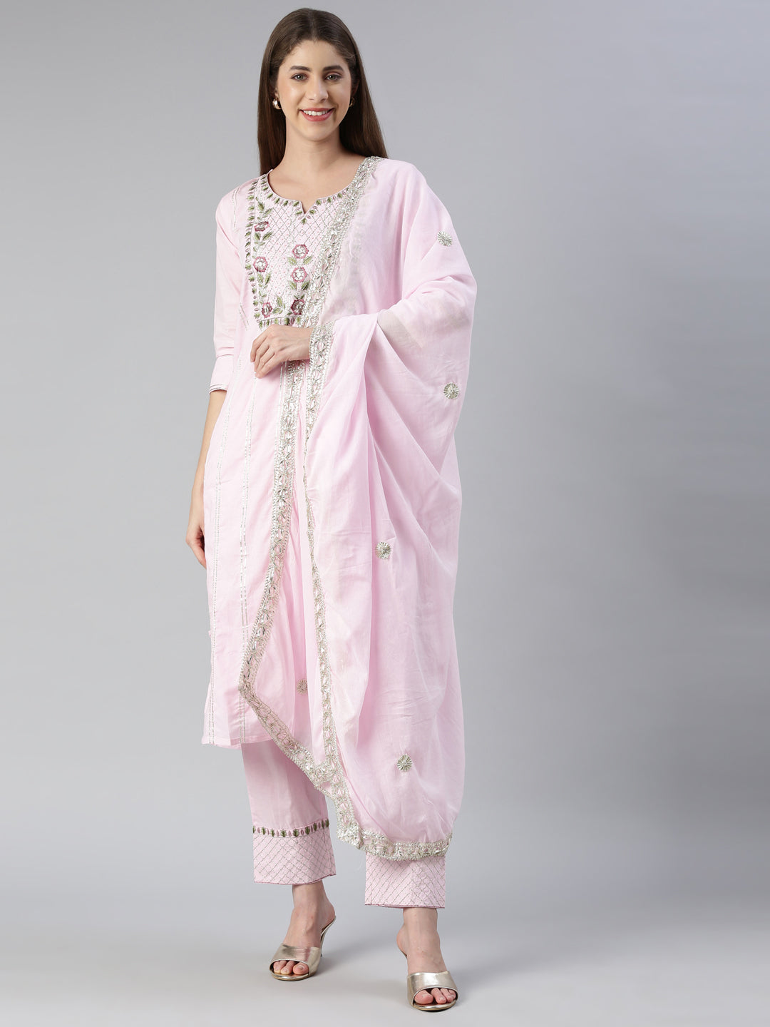 Neerus Pink embroidered kurta set with trouser and dupatta - detail view 2