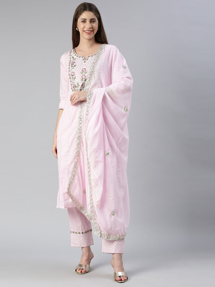 Neerus Pink embroidered kurta set with trouser and dupatta - detail view 2