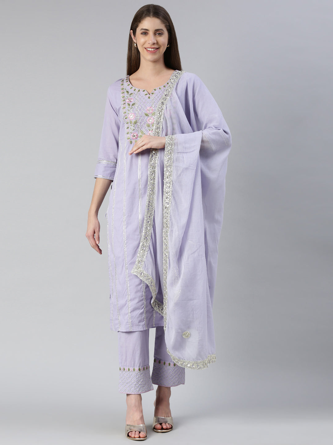 Neerus Purple embroidered kurta set with trouser and dupatta - front view