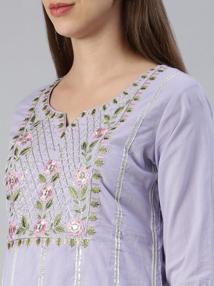 Neerus Purple embroidered kurta set with trouser and dupatta - detail view 1
