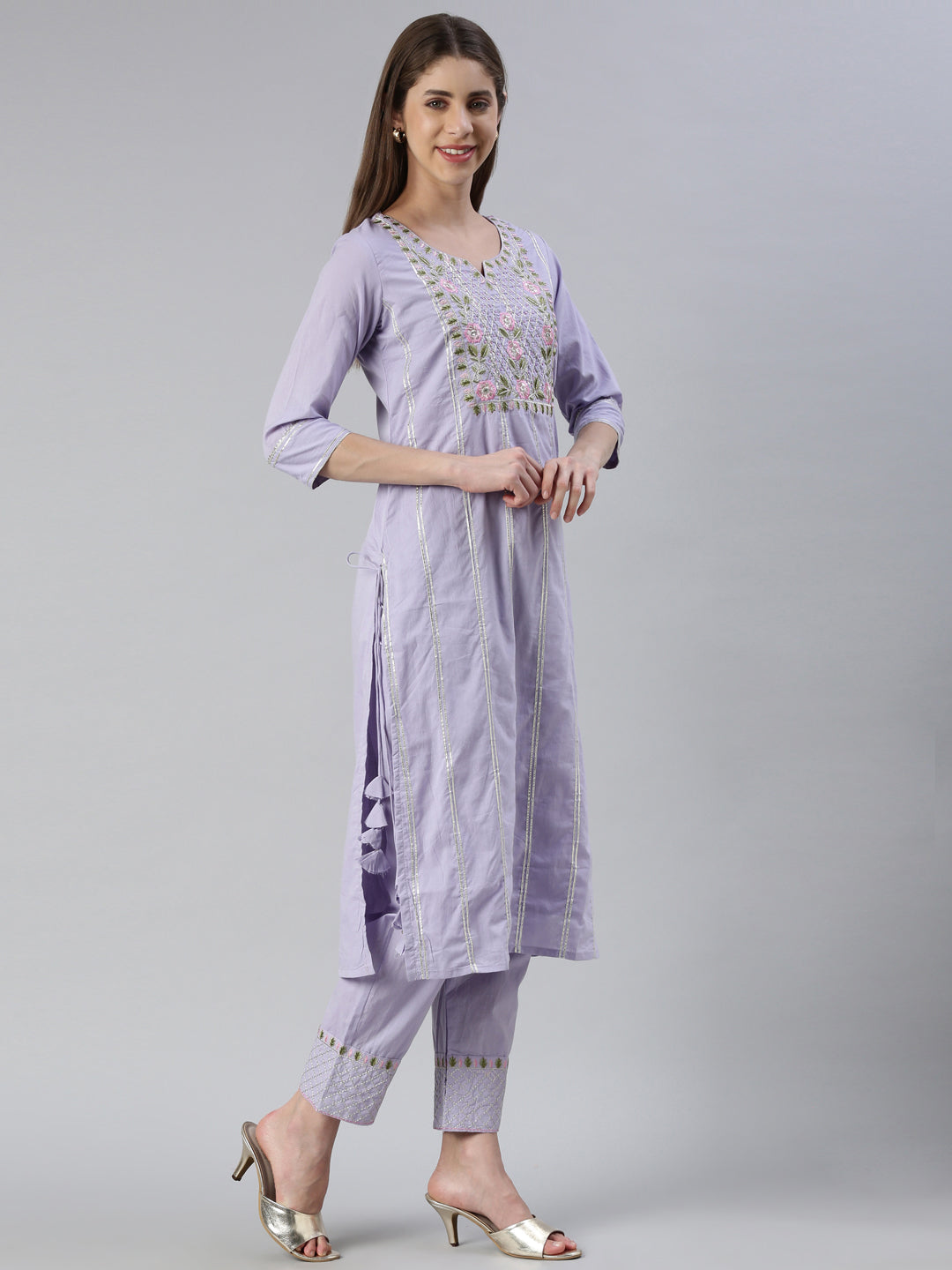 Neerus Purple embroidered kurta set with trouser and dupatta - back view