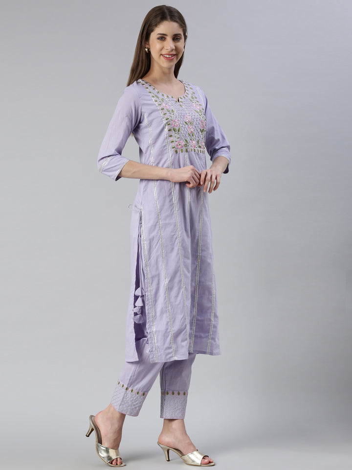 Neerus Purple embroidered kurta set with trouser and dupatta - back view