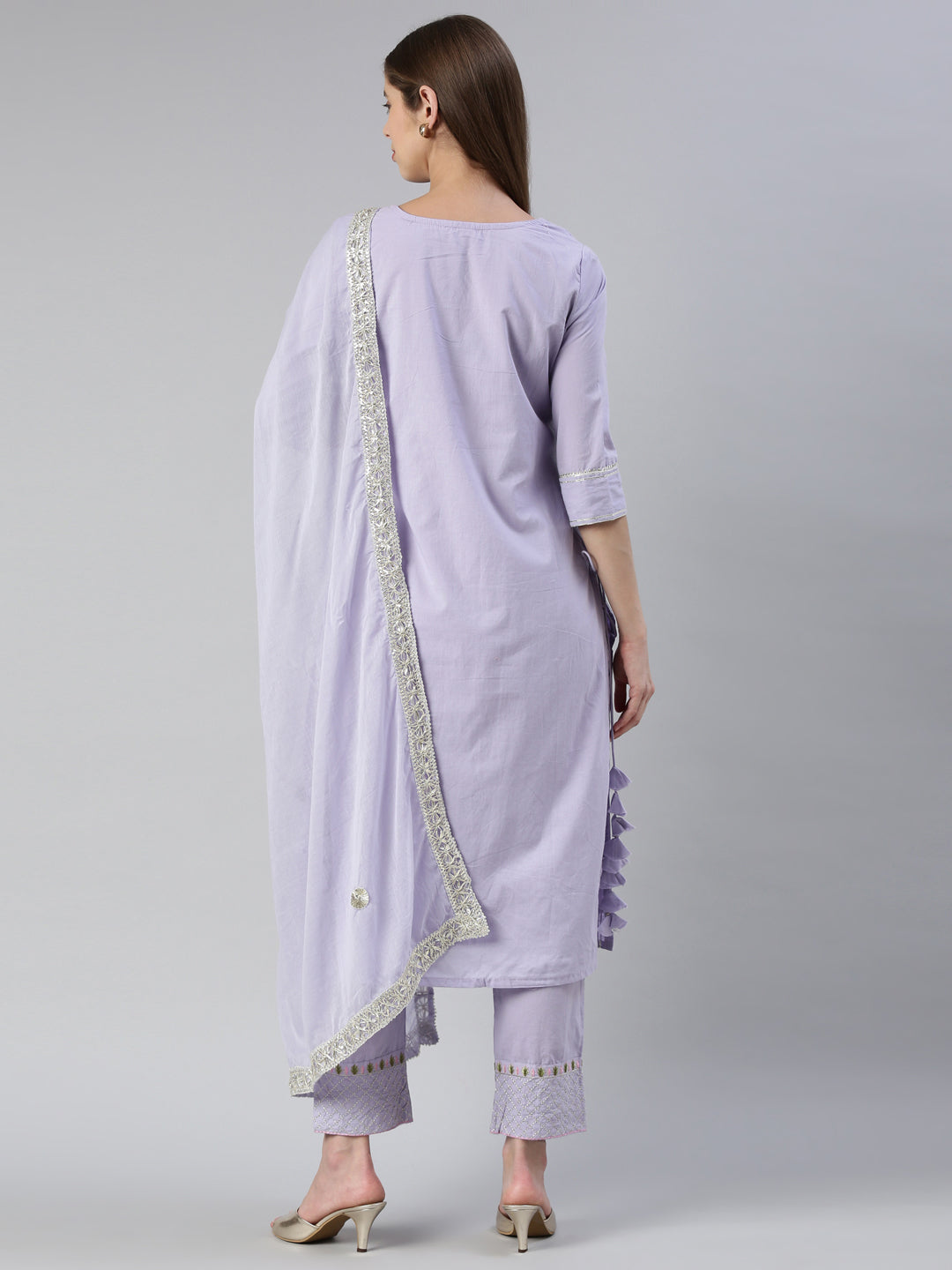 Neerus Purple embroidered kurta set with trouser and dupatta - side view