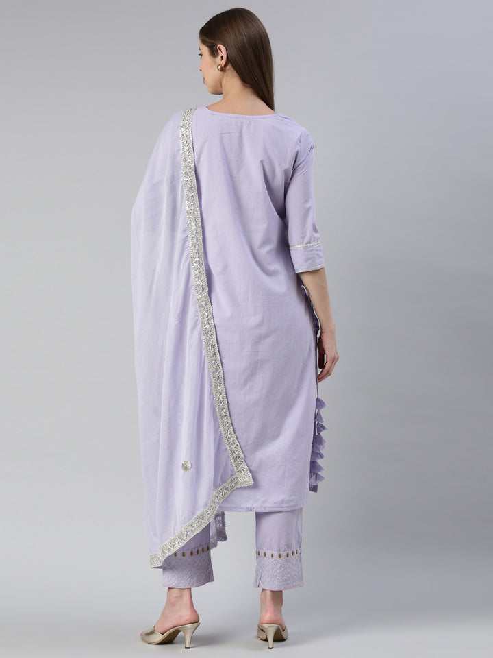 Neerus Purple embroidered kurta set with trouser and dupatta - side view