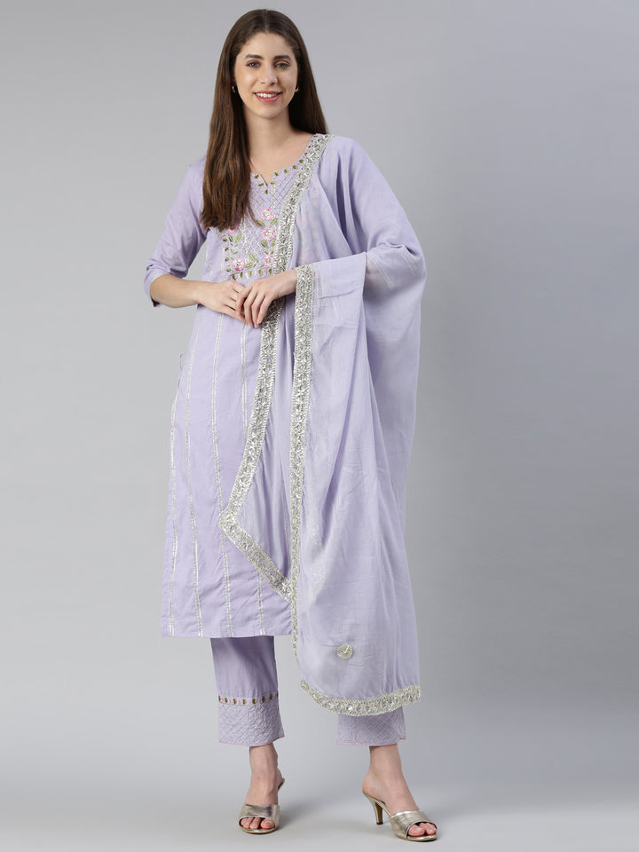 Neerus Purple embroidered kurta set with trouser and dupatta - detail view 2