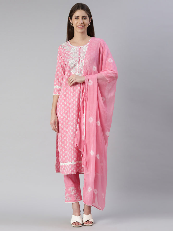 Neerus Women Pink Embroidered Calf Length Kurta And Trousers With Dupatta