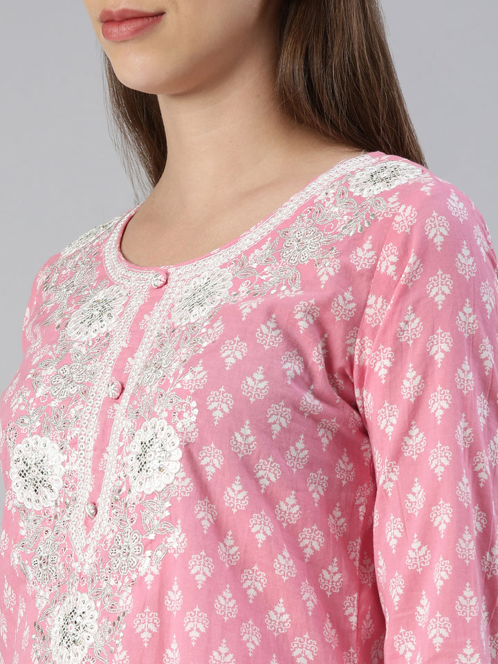 Neerus Women Pink Embroidered Calf Length Kurta And Trousers With Dupatta