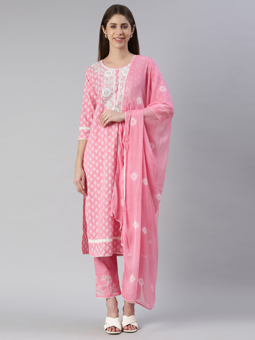 Neerus Women  Pink Embroidered Calf Length Kurta And Trousers With Dupatta