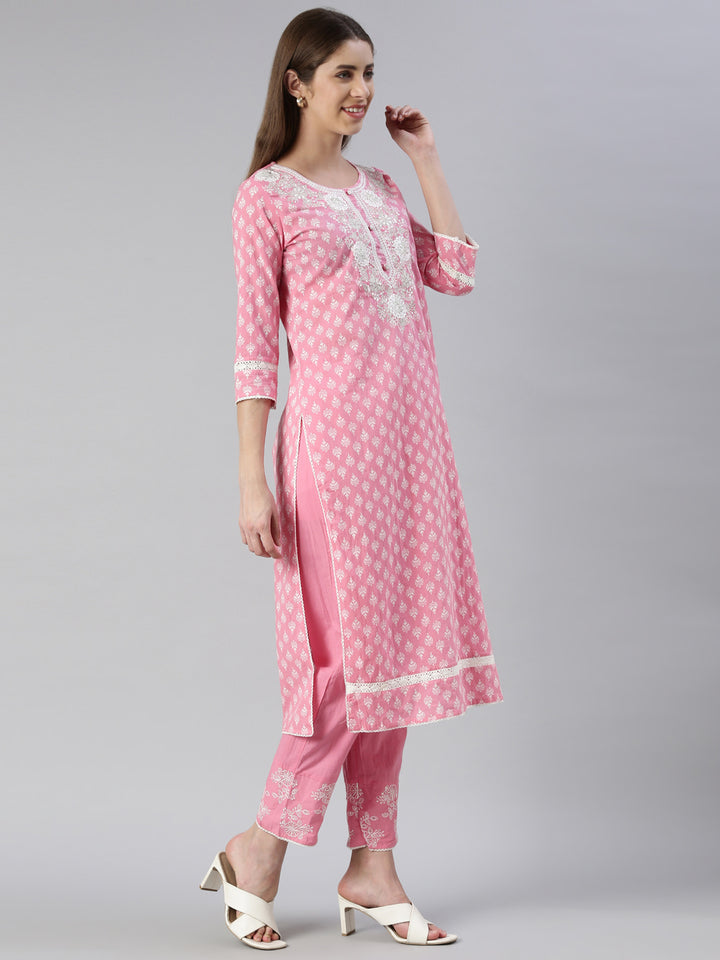 Neerus Women Pink Embroidered Calf Length Kurta And Trousers With Dupatta