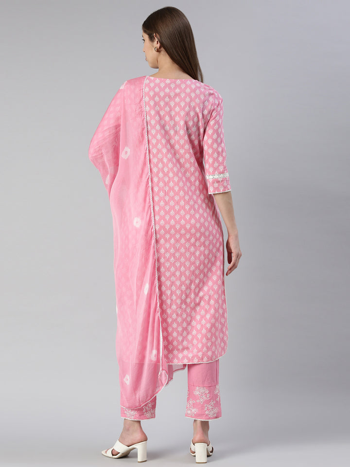 Neerus Women Pink Embroidered Calf Length Kurta And Trousers With Dupatta