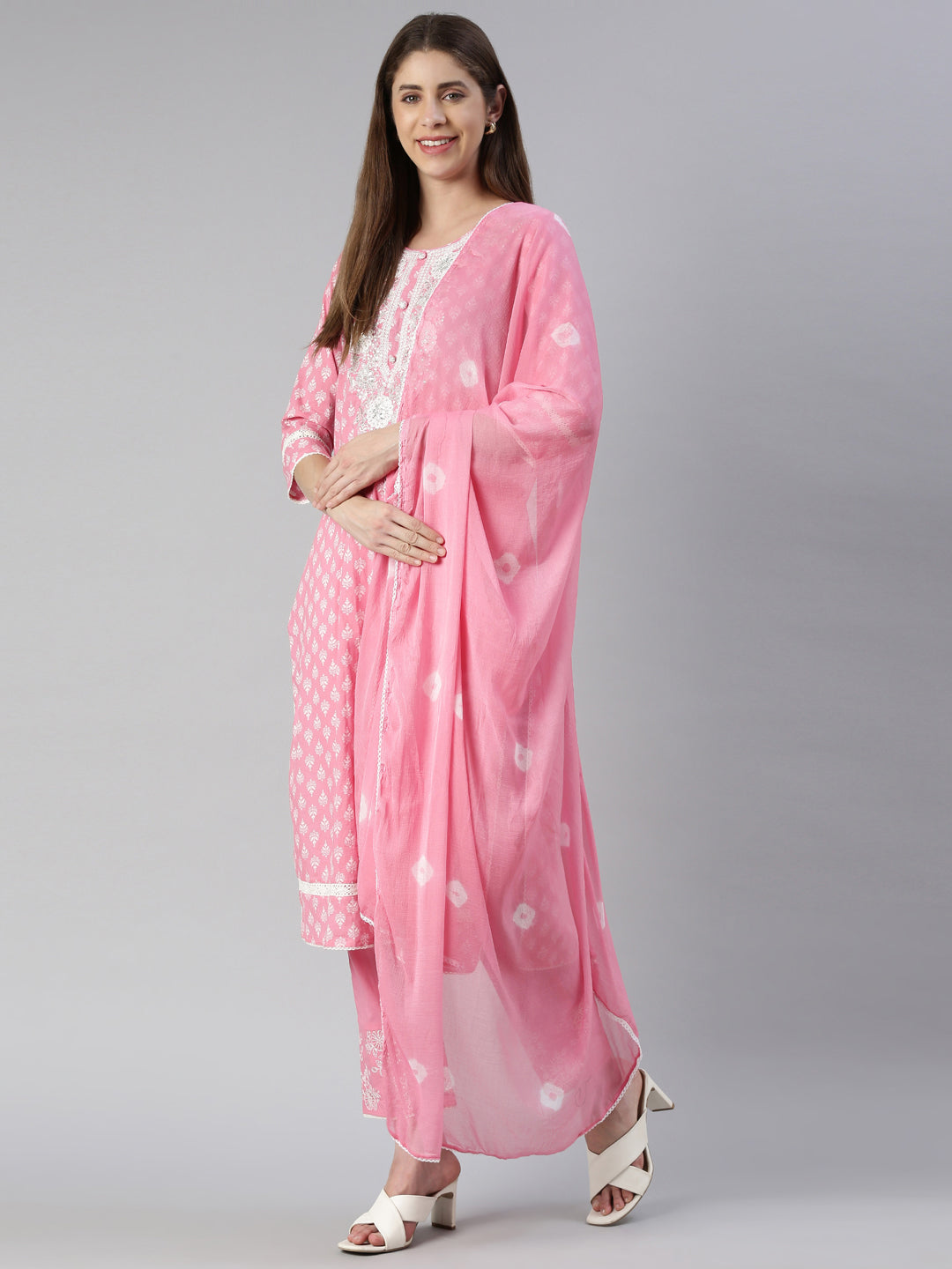 Neeru's Women Pink Embroidered Calf Length Kurta And Trousers With Dupatta
