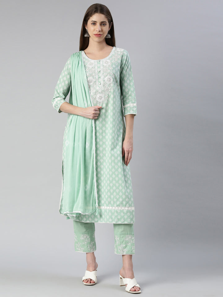 Neerus Green embroidered kurta set with trouser and dupatta - front view