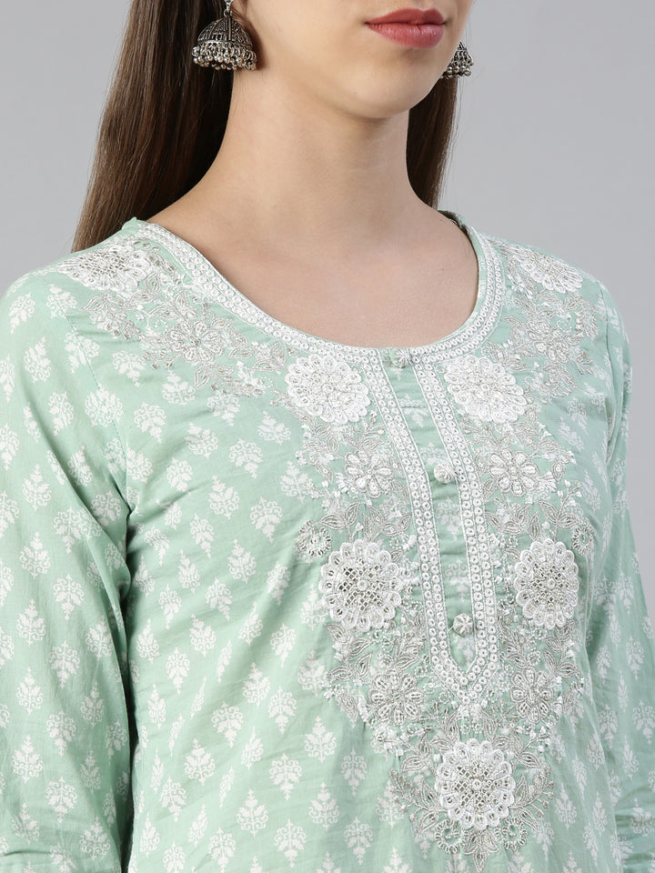 Neerus Green embroidered kurta set with trouser and dupatta - detail view 1