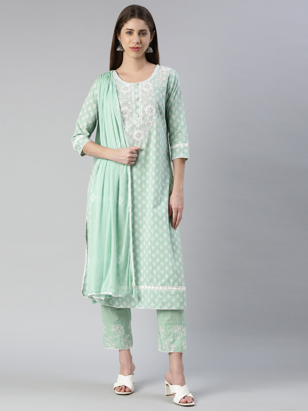 Neerus Women  Pista Embroidered Calf Length Kurta And Trousers With Dupatta