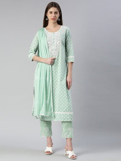Neerus Women  Pista Embroidered Calf Length Kurta And Trousers With Dupatta
