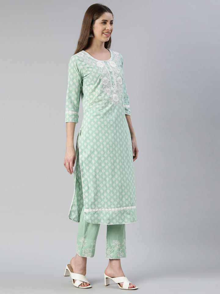 Neerus Green embroidered kurta set with trouser and dupatta - back view