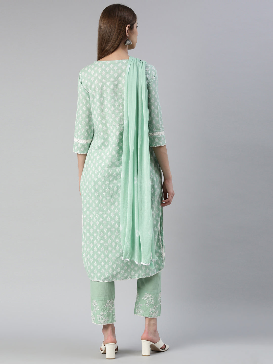 Neerus Green embroidered kurta set with trouser and dupatta - side view