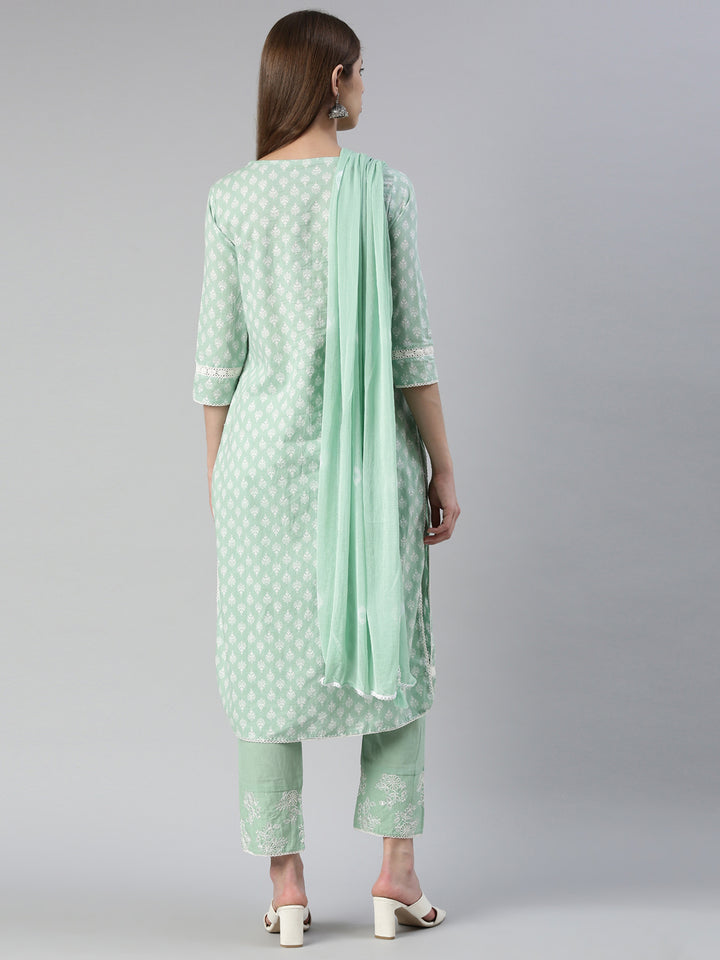 Neerus Green embroidered kurta set with trouser and dupatta - side view