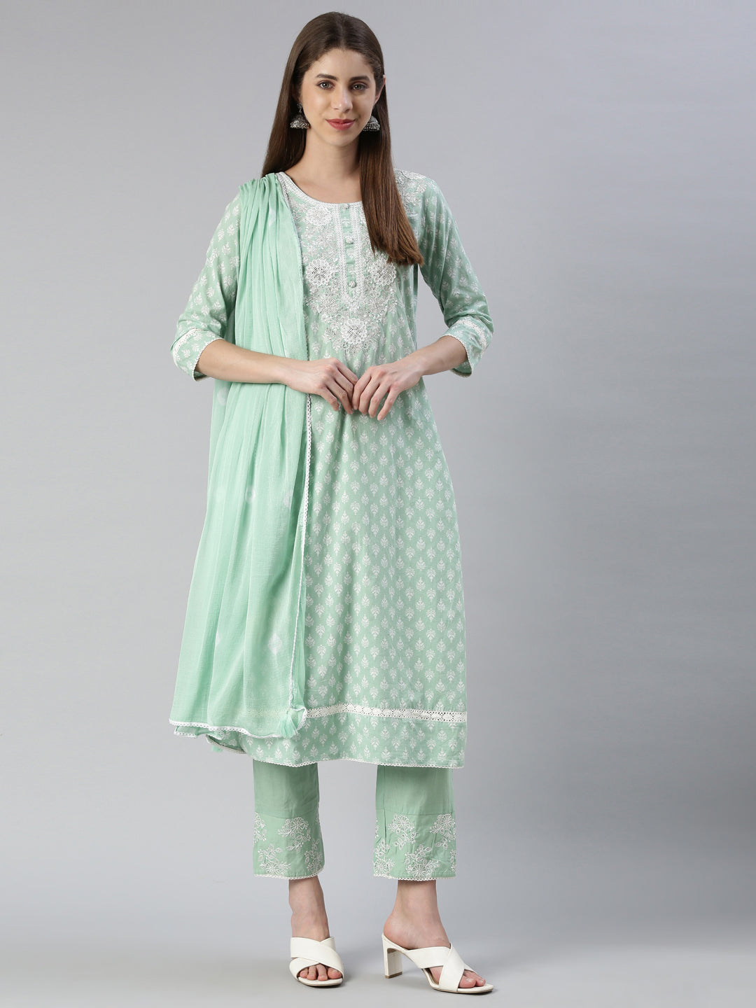 Neerus Women  Pista Embroidered Calf Length Kurta And Trousers With Dupatta
