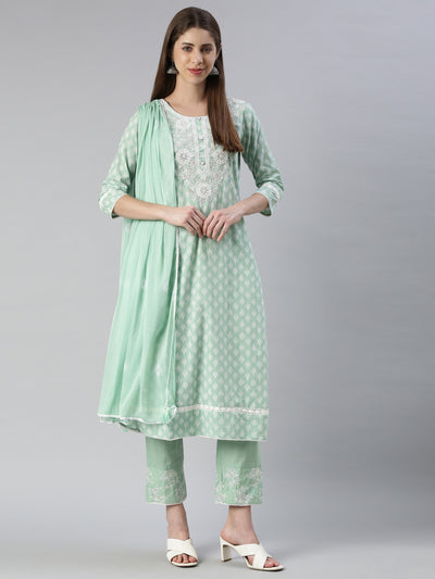 Neerus Women  Pista Embroidered Calf Length Kurta And Trousers With Dupatta