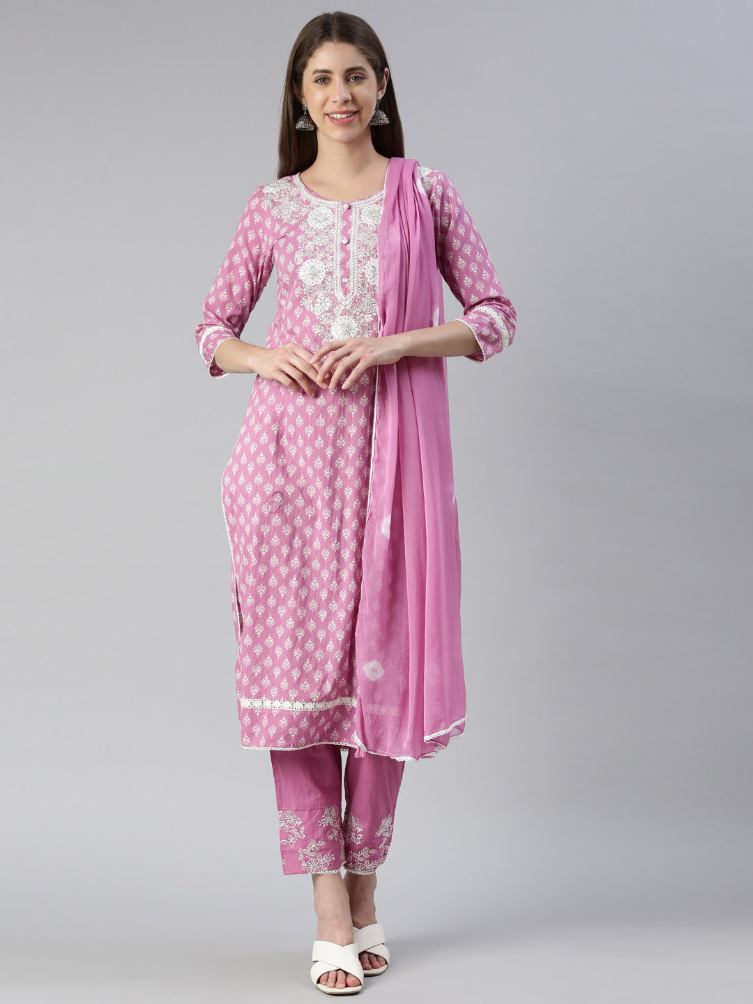 Neerus Purple embroidered kurta set with trouser and dupatta - front view