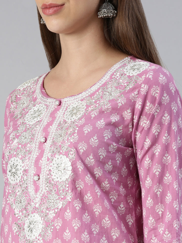 Neerus Purple embroidered kurta set with trouser and dupatta - detail view 1