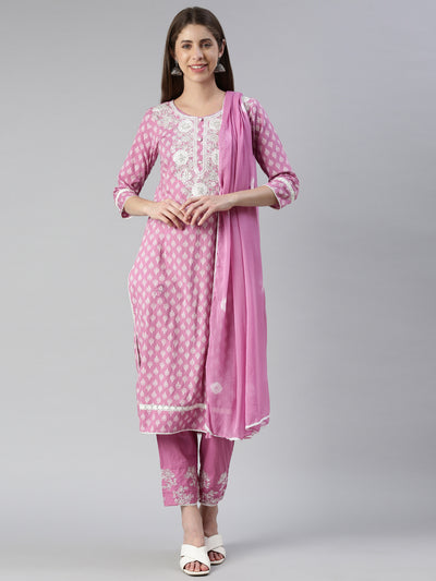 Neerus Women  Purple Embroidered Calf Length Kurta And Trousers With Dupatta