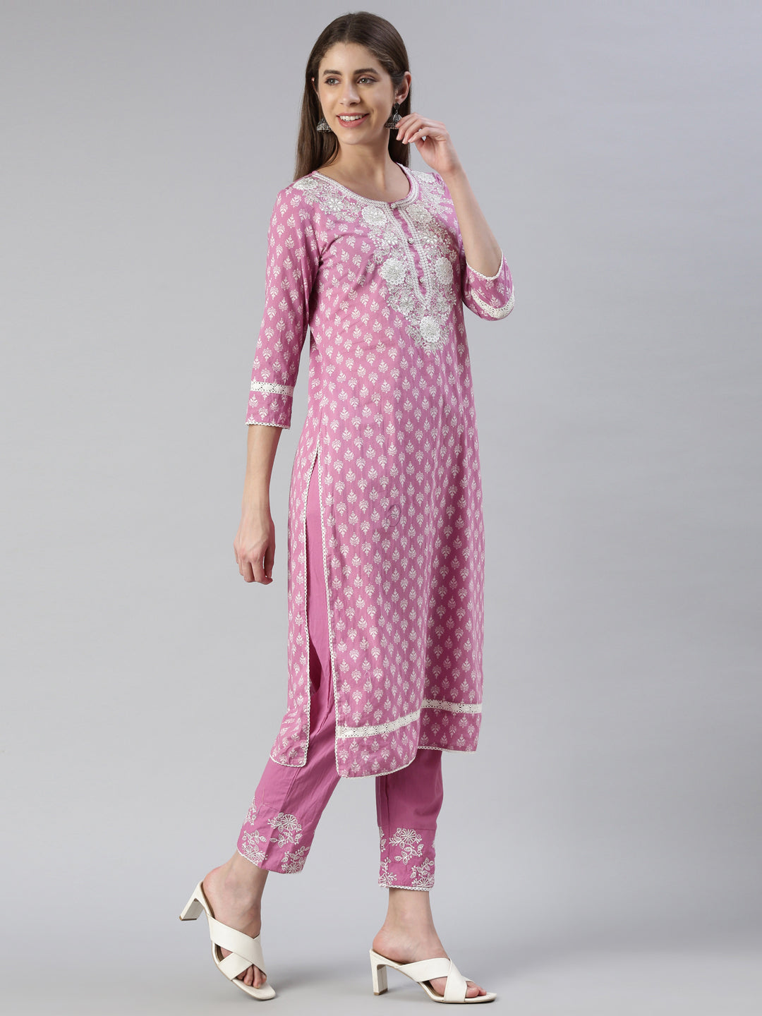 Neerus Purple embroidered kurta set with trouser and dupatta - back view